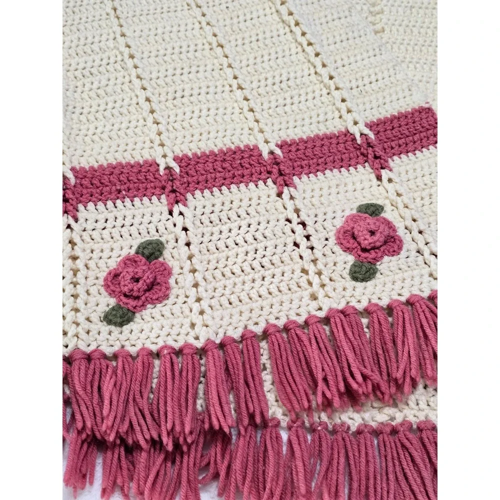 Vintage Handmade Crochet Rose Throw Blanket Cream Pink Floral Fringe Afghan